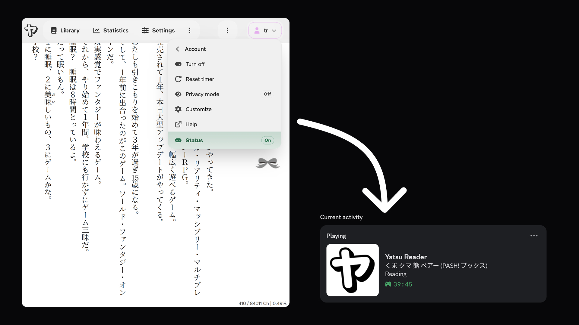 Yatsu Reader Discord Rich Presence shown alongside the Yatsu status menu