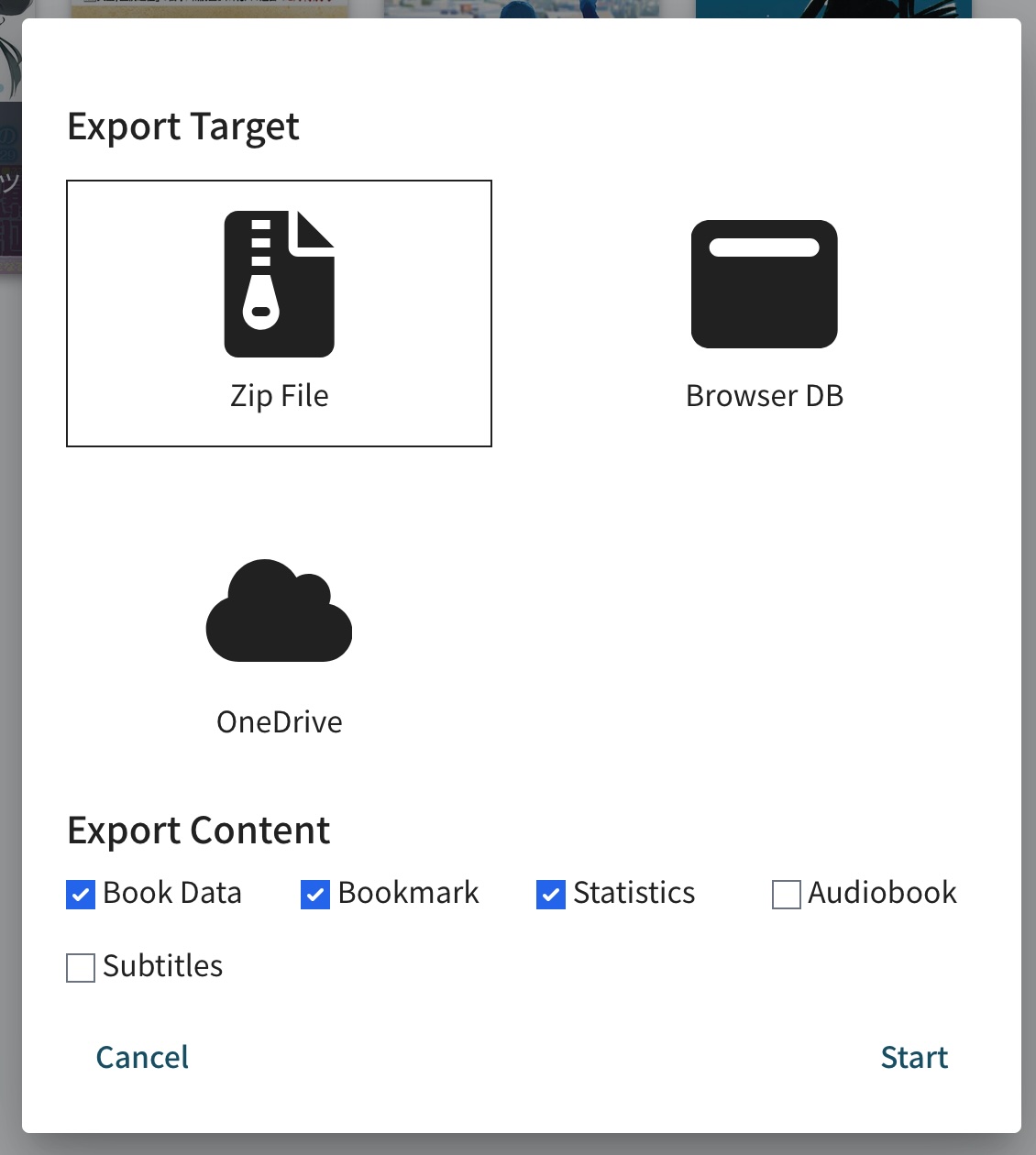 The ttsu export dialog with Zip File selected as the export target.