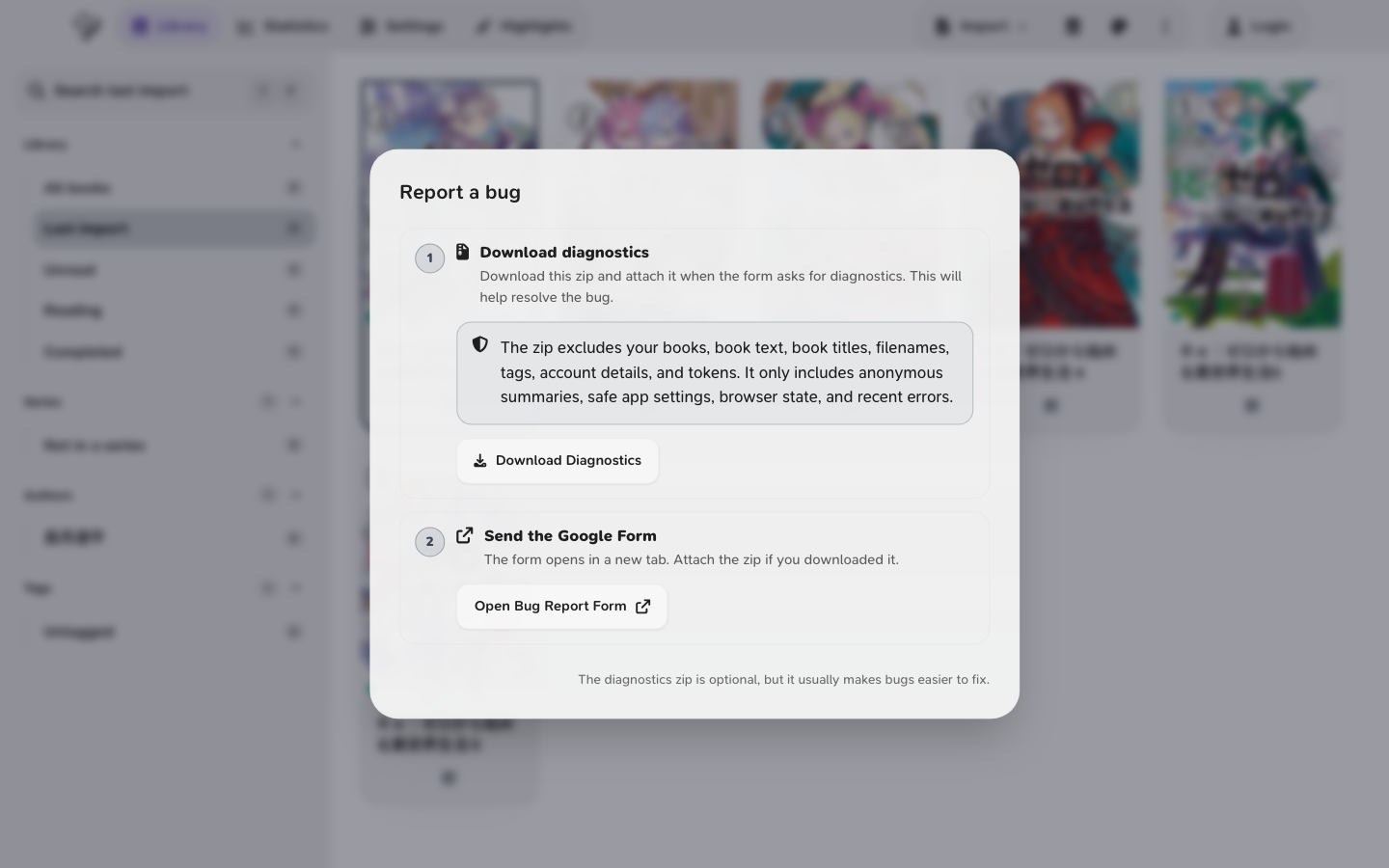Yatsu report a bug dialog